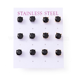 6 par de aretes redondos planos con circonita cúbica, 304 joyería de acero inoxidable para mujer., color mezclado, negro, 7mm, pin: 0.7 mm