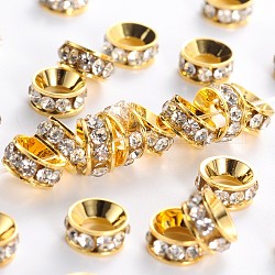 Perline distanziatori strass in ottone, grado a, rondelle, colore metallico oro, cirstallo, 7x3.3mm, Foro: 3.5 mm