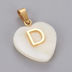 Shell Pendants, with 304 Stainless Steel Findings, Heart with Letter, Golden, Letter.D, 23.5x20x7mm, Hole: 3.5x7mm