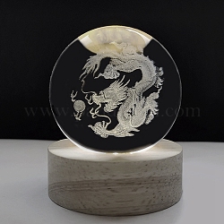 Inner Carving Chinese Zodiac Animal Glass Crystal Ball Small Night Lamp with USB Charger, Night Light Birthday Gift with Wood Stand, Fengshui Home Decor, Dragon, 80mm