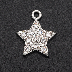 Lega charms di strass, stella a cinque punte, platino, cirstallo, 14x12x2mm, Foro: 1.4 mm