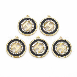 Plastic Pendants, with Light Gold Plated Alloy Findings, with Crystal Rhinestone and Plastic, Cadmium Free & Nickel Free & Lead Free, Flat Round with H, Black, 18.5x16x2.5mm, Hole: 1.4mm