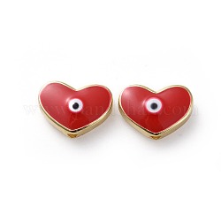 Golden Tone Brass Beads, with Enamel, Heart with Evil Eye, Red, 11x15x4.5mm, Hole: 1.6mm