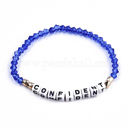 Bracelets extensibles en perles de verre bicône à facettes, bracelets inspirants, avec des perles de lettres acryliques cubes, mot confiant, bleu, diamètre intérieur: 2-1/8 pouce (5.3 cm)