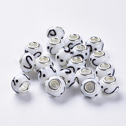 Perline murano europeo fatto a mano, perline con foro grande, con colore argento placcato ottone doppie core, rondelle, bianco, 14x11mm, Foro: 5 mm