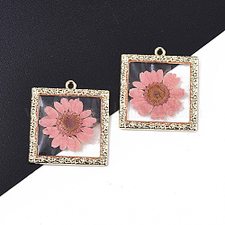 Epoxy Resin Pendants, with Dried Flower Inside and Light Gold Plated Alloy Open Back Bezel, Square, Pink, 34x30x2mm, Hole: 1.8mm