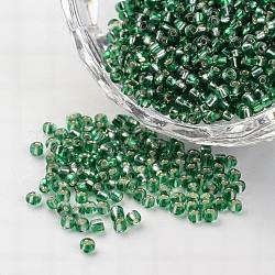 12/0 argent bordée transparent perles de verre, perles rondes de semences, verte, 1.5~2x2mm, Trou: 0.5mm, environ 22500 pcs/450 g