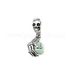 Halloween Skull Natural Green Aventurine Alloy Pendants, Skeleton Hand Charms with Gems Sphere Ball, Antique Silver, 43x19mm