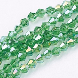 Filo di perline in vetro, ab colore placcato, sfaccettato, bicono, verde lime, 4x4mm, Foro: 1 mm, circa 92~96pcs/filo, 13.78~14.37 pollice