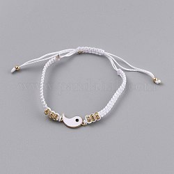 Verstellbare Nylonschnur geflochtenen Perlen Armbänder, mit Legierungs-Emaille-Klatsch-/Yin-Yang-Verbinder und Legierungs-Strass-Abstandsperlen, weiß, golden, Innendurchmesser: 1-3/4~3-1/8 Zoll (4.5~8 cm)