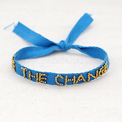 Word be the change glass Seed Beads Cord Bracelet, verstellbares Glücksarmband für Frauen, Verdeck blau, 14-1/8 Zoll (36 cm)