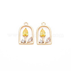 Brass Micro Pave Cubic Zirconia Pendants, Real 18K Gold Plated, Nickel Free, Arch with Flower, Gold, 18x11x3mm, Hole: 1.6mm