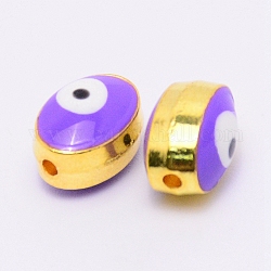 Cuentas de aleación de esmalte de doble cara, lentejuelas esmaltadas, sin plomo y el cadmio, oval con mal de ojo, dorado, púrpura, 10x7.5x6mm, agujero: 1.4 mm