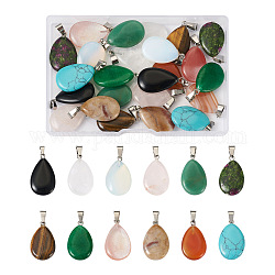 Fashewelry 24pcs 12 Styles Natural & Synthetic Gemstone Pendants, with Platinum Tone Brass Findings, Teardrop, 25~29x16~17x5~6mm, Hole: 2x7mm, 2pcs/style