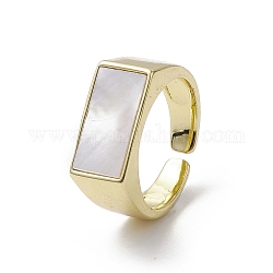 Rack Plating Brass Open Cuff Ring, Natural Shell Rectangle Signet Ring, Real 18K Gold Plated, Inner Diameter: 18.2mm