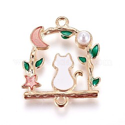 Zinc Alloy Kitten Links connectors, with Enamel and Acrylic Pearl, Cat & Moon & Star, Light Gold, Salmon, 27.5x23x5mm, Hole: 1.5mm