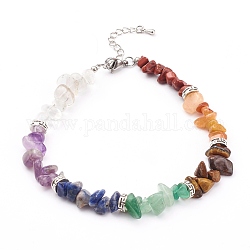 Chakra Chips Natural Gemstone Beaded Anklets, with Alloy Beads, Antique Silver & Platinum, 9-1/8 inch(23cm)