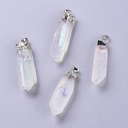 Quartz d'aura d'ange, prisme grand pendentifs en cristal de quartz naturel, de couleur plaquée ab , avec plateau plaqué platine et bails en laiton, 55.5~60x12~17x12~17mm, Trou: 8x5mm