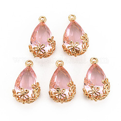 Transparent Glass Pendants, for DIY Jewelry Making, with Brass Findings, Faceted, Teardrop with Flower, Light Gold, Pink, 16x9x6mm, Hole: 1.2mm