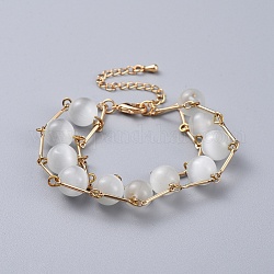 Messing Bar Gliederkette Armbänder, mit Katzenaugen perlen, echtes 18k vergoldet, weiß, 7-1/8 Zoll (18 cm)