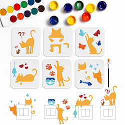 6Pcs 6 Styles PET Hollow Out Drawing Painting Stencils, for DIY Scrapbook, Photo Album, with 1Pc Art Paint Brushes, Cat Shape, 150x150mm, 1pc/style