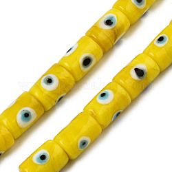 Handmade Evil Eye Lampwork Beads, Column, Yellow, 14x10mm, Hole: 1.2mm, about 25pcs/strand, 13.98 inch(35.5cm)