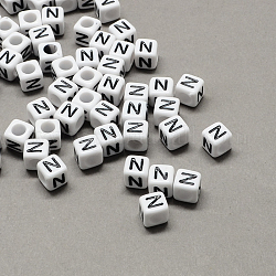 Perles européennes de lettre en acrylique à gros trou, trou horizontal, blanc et noir, cube avec la lettre, letter.n, 8x8x8mm, Trou: 4mm, environ 1144 pcs/500 g