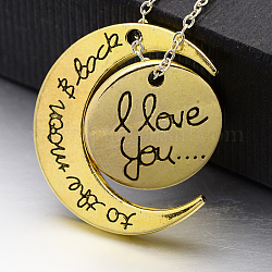 Valentine's Day Alloy Moon and Flat Round Pendants Sets Carved I Love You To The Moon and Back, Lead Free & Nickel Free, Antique Golden, Moon: 30x26x2mm, Hole: 2mm, Flat Round: 20x3mm, Hole: 2mm