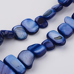 Chapelets de perles en coquillage naturel, teinte, pépites, bleu foncé, 7~22x6~9x4~6mm, Trou: 1mm, Environ 52 pcs/chapelet, 15.2 pouce