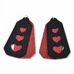 PU Leather Big Pendants, with Platinum Tone Iron Jump Rings, Polygon with Heart, Red, 62x31x3mm, Hole: 5mm