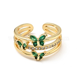 Cubic Zirconia Butterfly Open Cuff Ring, Real 18K Gold Plated Brass Jewelry for Women, Cadmium Free & Lead Free, Green, US Size 6 3/4(17.1mm)
