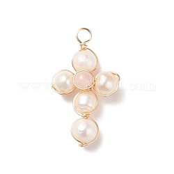 Ciondoli in quarzo rosa naturale e perle bianche d'acqua dolce, con vero filo di rame placcato oro 18k avvolto, croce, 31.5x17.5x7mm, Foro: 3.1 mm