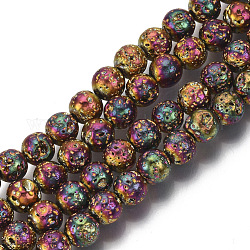 Brins de perles de pierre de lave naturelle galvanisées, ronde, cahoteuse, verge d'or, 6.5mm, Trou: 1mm, Environ 60 pcs/chapelet, 14.96 pouce (38 cm)
