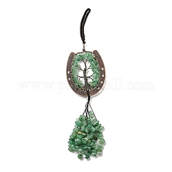 Natural Green Aventurine Chip Tree of Life Pendants Decoration, Brass Horse Shose Tassel Gems Hanging Ornaments, 220mm, Pendant: 170x59x7mm