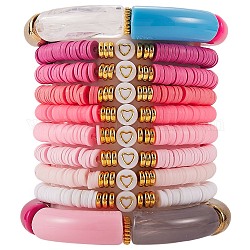 10Pcs 10 Style Handmade Polymer Clay Heishi Beaded Stretch Bracelets Set with Heart, Acrylic Chunky Curved Tube Bracelets for Women, Pink, Inner Diameter: 2-1/8 inch(5.5cm)