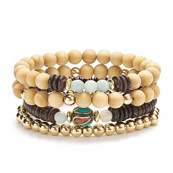 4 pièces 4 style fleur naturelle amazonite & hématite synthétique & bracelets extensibles en bois sertis de perles d'indonésie, bijoux en pierres précieuses pour femmes, diamètre intérieur: 2-1/4~2-3/8 pouce (5.7~6 cm), 1pc / style