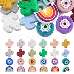 Chgcraft 24 Uds. 24 estilos de cuentas de gel dental de silicona, mordedores, juguete para bebé, forma de arco iris y cactus, color mezclado, 18~25x10~25x8~10mm, agujero: 2~2.5 mm, 1pc / estilo