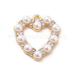 Ciondoli in lega strass di cristallo, con perle di plastica imitazione perla in abs, charms cuore, oro chiaro, 20x19.5x4.5mm, Foro: 1.8 mm