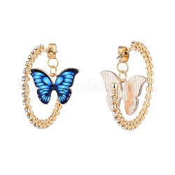 Half Hoop Earrings, with Brass Rhinestone Cup Chain, Butterfly Alloy Enamel Pendants, Ear Nuts, Royal Blue, Golden, 34mm, Pin: 0.7mm