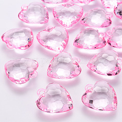 Ciondoli arilico trasparente, sfaccettato, cuore, perla rosa, 31.5x29x12.5mm, Foro: 4 mm