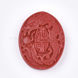 Perline cinabro, lacca lavorato, ovale con drago, rosso, 51x39x11mm, Foro: 1.8 mm