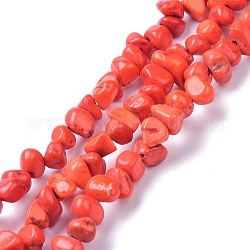Hebras de cuentas de magnesita natural, teñido, chip, rojo naranja, 6~10x6~10x3~4mm, agujero: 0.5~0.7 mm, 15.55''~16.54'' (39.5~42 cm)
