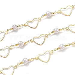 3.28 Feet Handmade Brass Link Chains, with Acrylic Imitation Pearl, Long-Lasting Plated, Soldered, Heart, Golden, Links: 12x20.1x1mm and 18.5x6.7mm