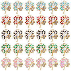 HOBBIESAY 30Pcs 5 Colors Alloy Enamel Pendants, with Rhinestone and ABS Plastic Imitation Pearl Beads, Clover with Tartan Pattern, Mixed Color, 21x16x6mm, Hole: 1.8mm, 6pcs/color