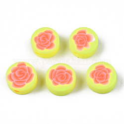 Handmade Polymer Clay Beads, for DIY Jewelry Crafts Supplies, Flat Round with Flower, Green Yellow, 9.5x3.5~5mm, Hole: 1.8mm