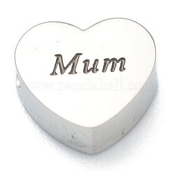 Perles en 304 acier inoxydable, coeur avec le mot maman, pour la fête des mères, couleur inoxydable, 7x8x3mm, Trou: 2mm