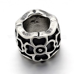 Retro 304 Stainless Steel Big Hole Column Carved Flower Beads, Antique Silver, 8x11mm, Hole: 6mm