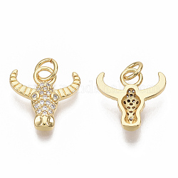 Brass Micro Pave Cubic Zirconia Charms, Cow Head, Real 18K Gold Plated, Clear, 14x14x3mm, Jump Ring: 5x1mm, 3mm inner diameter