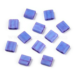 2-trou perles rocailles en verre opaque, couleur bicolore givrée, rectangle, bleu ardoise moyen, 5x5~5.5x2~2.5mm, Trou: 0.8~1mm