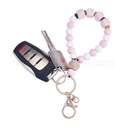Schlüsselanhänger aus Silikon mit runden Perlen, Brief Liebe natürliche Lavagestein Perlen Schlüsselanhänger, mit Verschlüssebundverschlüssen aus Legierung, rosa, 20.08 cm
